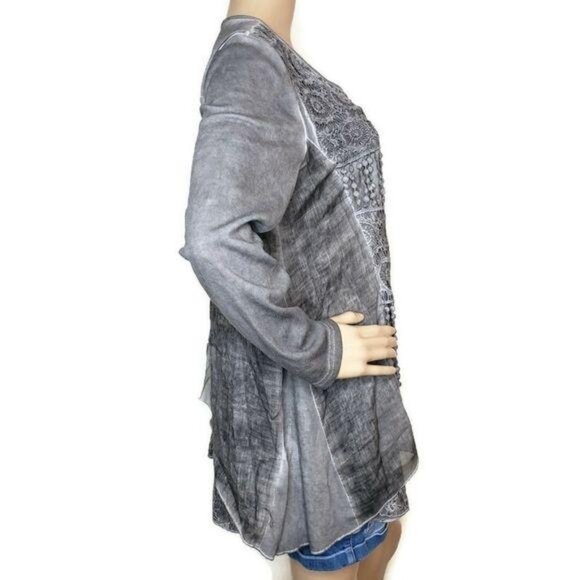 Cal Style Gray Long Sleeve Lace Tunic Top boho grey lace M - Picture 4 of 6